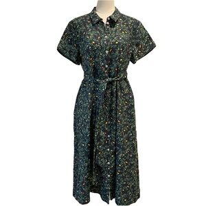 HILL HOUSE The Laura Midi Shirt Dress Midnight Garden  100% Linen Size Large